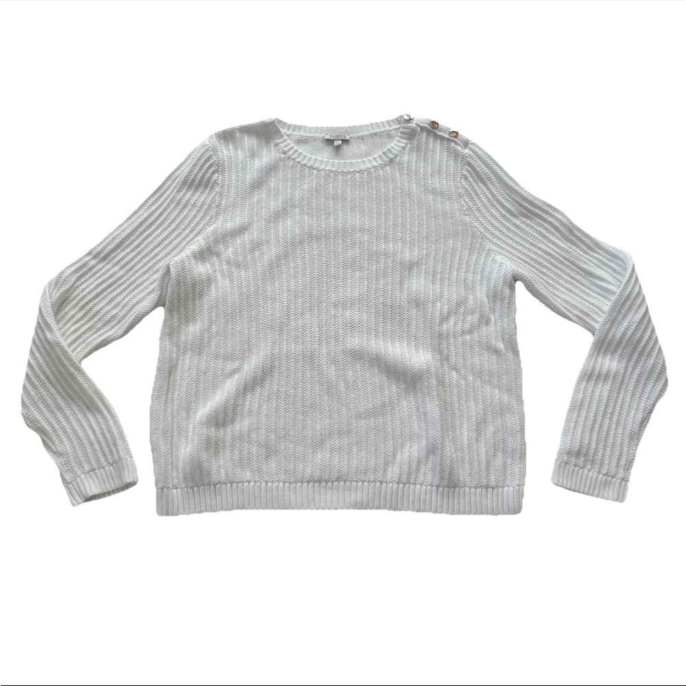 Talbots Women's Ribbed Pullover Sweater XL Gold Buttons White Lightweight Cotton